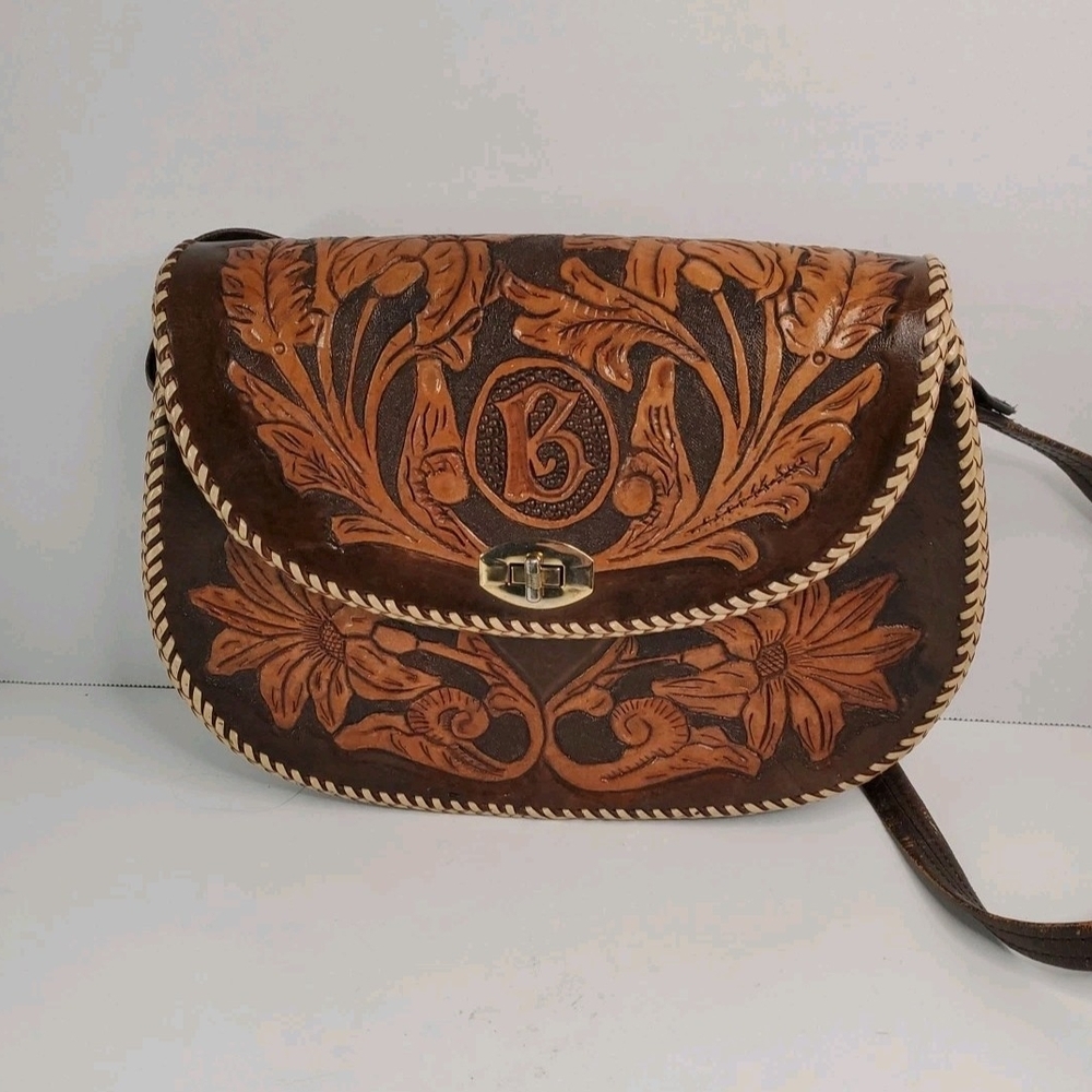 Hand-Tooled Floral Leather Crossbody Bag - Brown/Tan